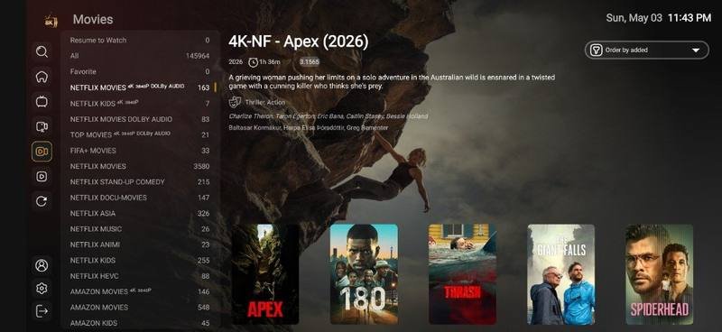 TiviMate US 8K player showing Movies VOD library and categories